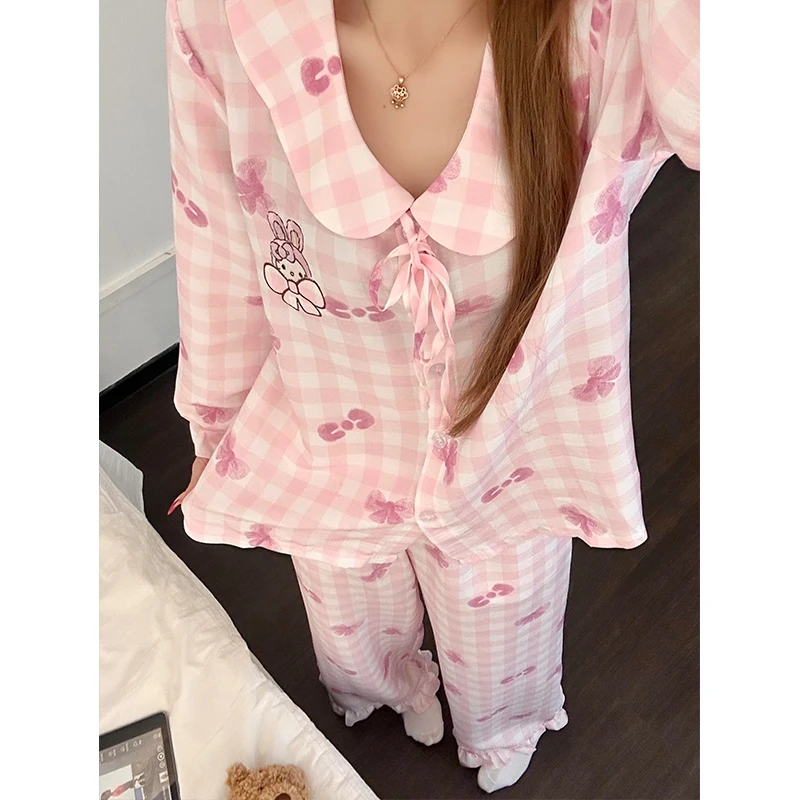 韩系甜美清新格纹小兔子睡衣女秋季爆款长袖长裤可外穿家居服套装