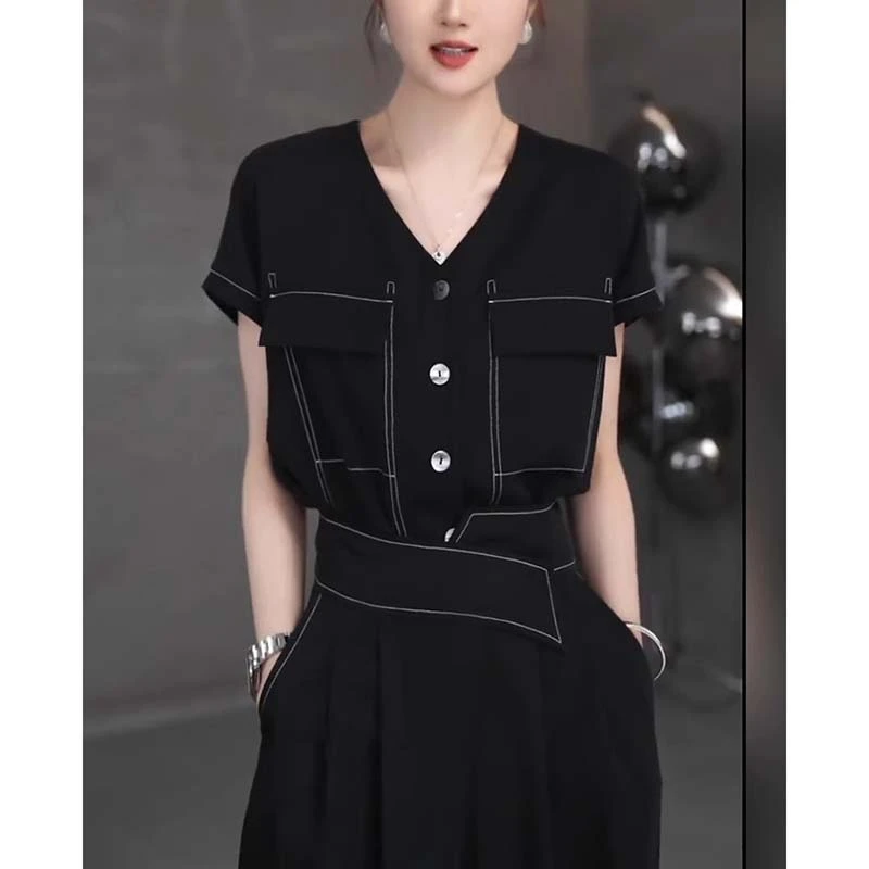 【两件套】设计短袖套装女2025夏季新款国风时尚休闲上衣裤子D1679