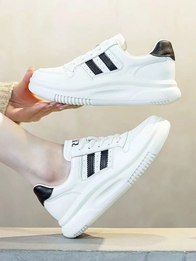 头层牛皮厚底时尚轻便运动休闲鞋女2025春秋新款拼色百搭小白鞋子