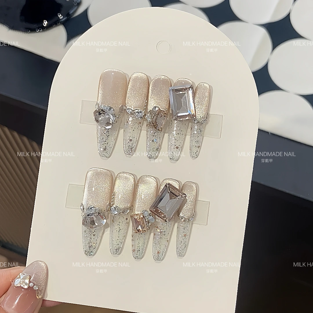 编号【66】细狗尖冰透香槟猫眼纯手工穿戴甲