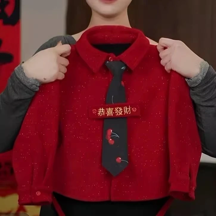 儿童国潮中式红色加厚外套秋冬季2025新款中大儿童灯芯绒衬衫年服