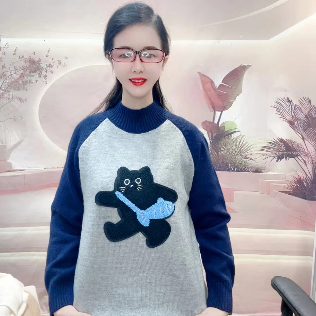 初中学生半高领卡通猫咪毛衣少女秋冬内搭高中女大童加厚针织衫