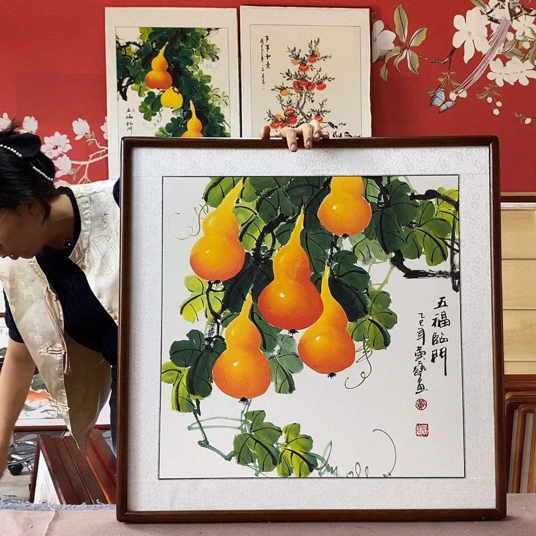 国画手写手绘国画作品带框包邮62✖️62