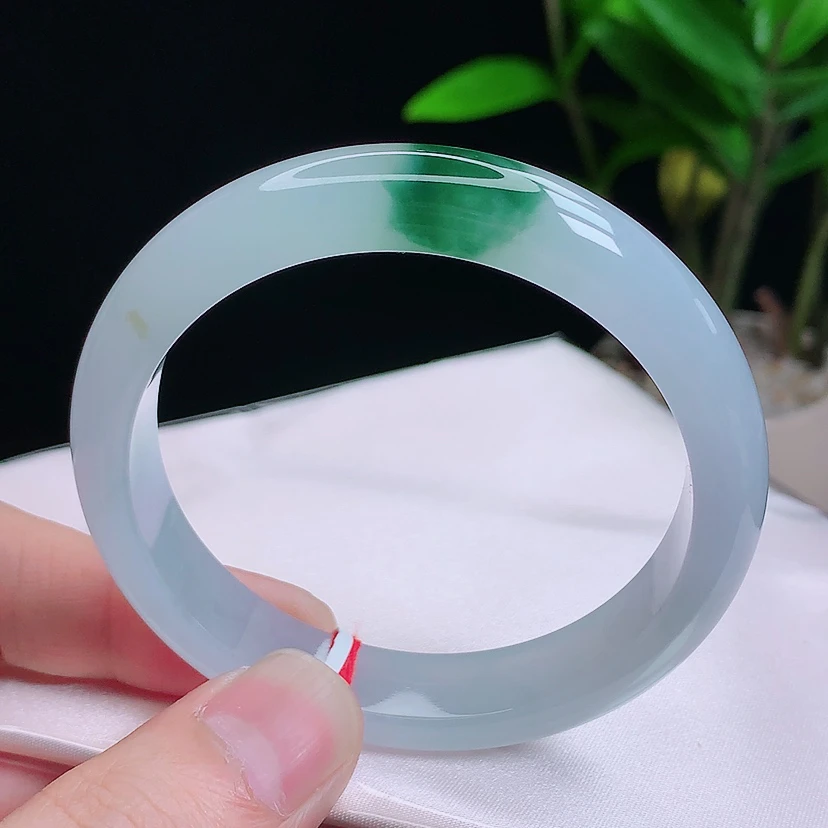 57圈冰种冰飘花胶透天然老坑翡翠A货正圈手镯女士飘绿白手镯精美