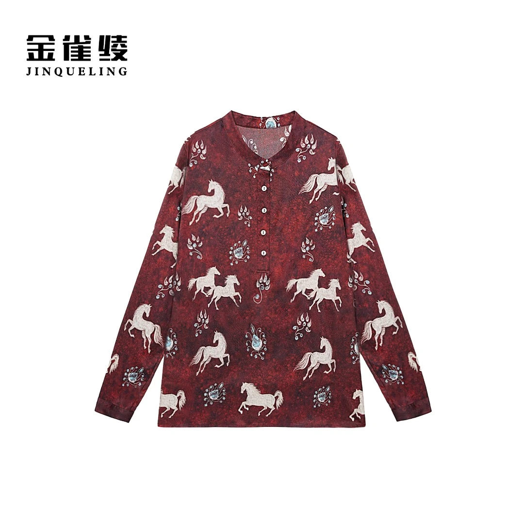 金雀绫【马到功成】桑蚕丝复古印花亲肤加宽加大衬衫SZA3SL722