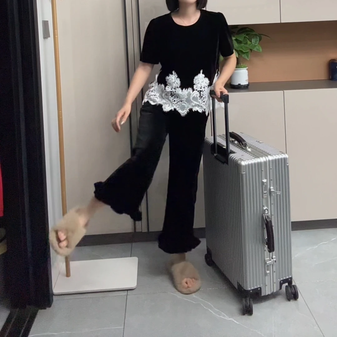 早秋新款丝绒九分裤木耳裤边高品质