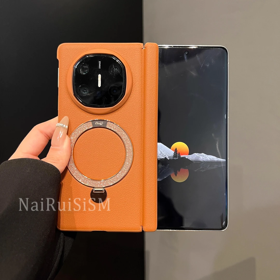 【高品质】适用华为mateX6手机壳折叠屏新款高档轻奢皮纹闪粉支架x7