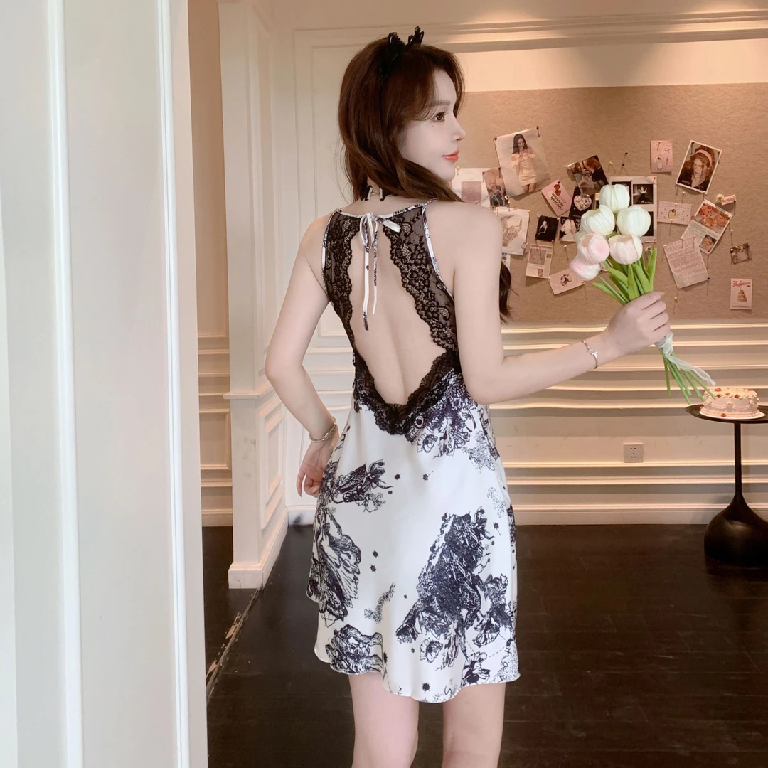 【Mmm喵小姐】新款法式轻奢高定网红美背冰丝睡裙带胸垫睡衣家居服