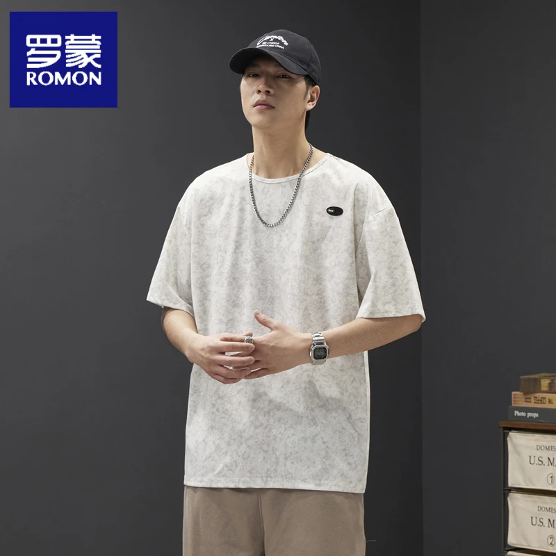 罗蒙2025夏季新品T恤短袖潮流宽松舒适港风圆领落肩潮牌复古休闲