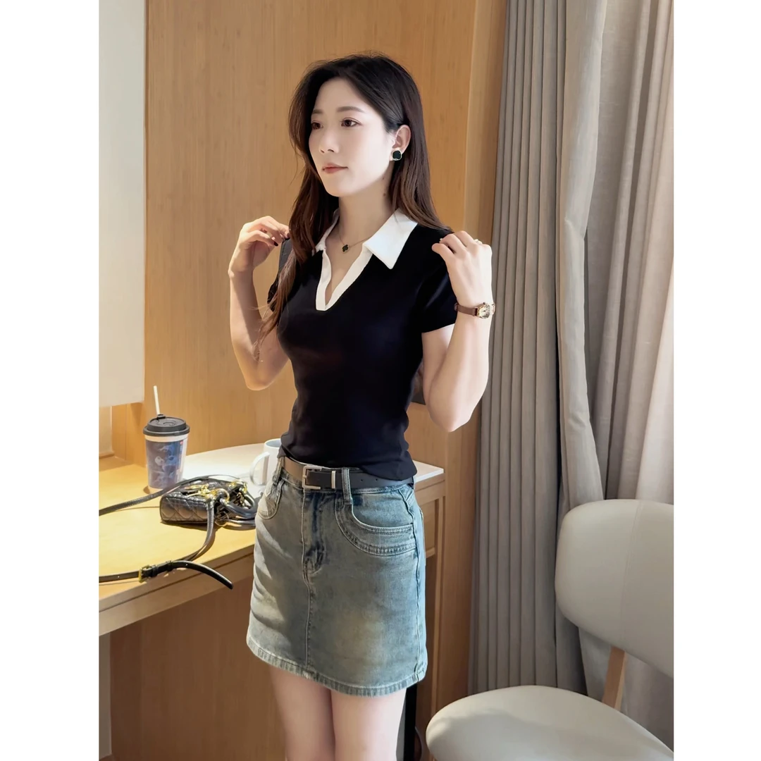 polo领短袖t恤女夏季2025新款设计感小众翻领正肩上衣+高腰牛仔裙
