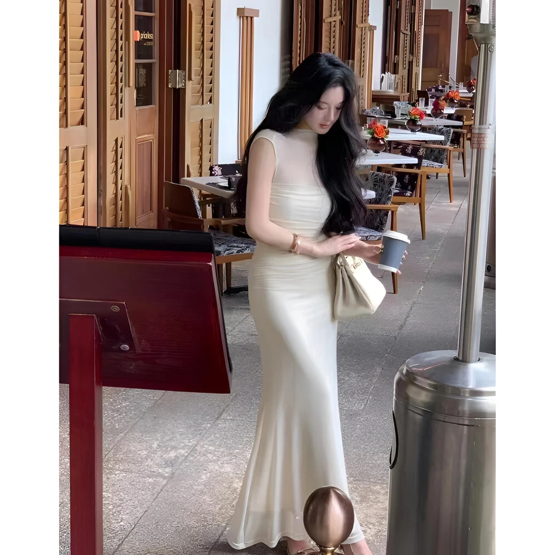 米白色网纱圆领连衣裙女2025夏法式甜欲减龄女神气质别致绝美长裙