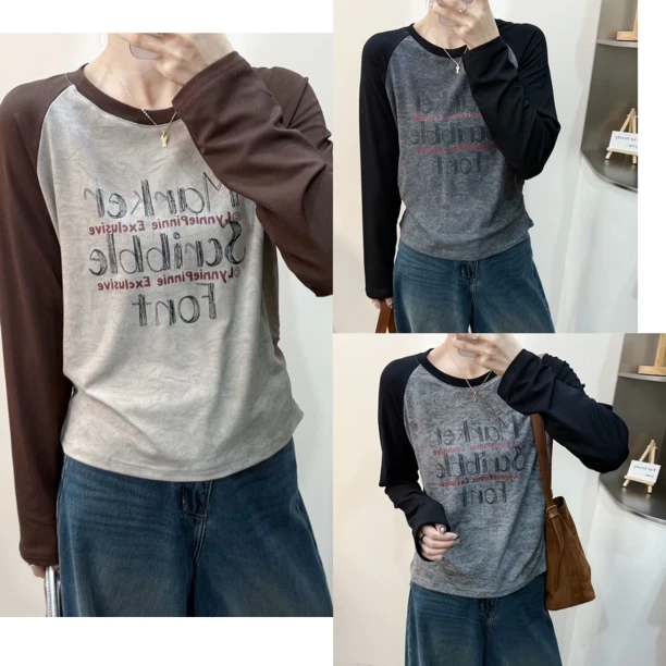 DMG3066秋新款修身圆领字母拼色长袖T恤女显瘦百搭撞色打底上衣