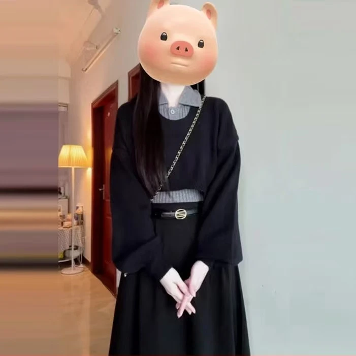 秋季新款穿搭一套长裙女高级感学院风黑色连衣裙子三件套
