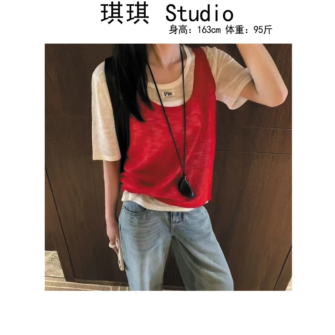 《琪琪家》夏季新款纯色基础简约背心贴标字母短袖两件套3057-CS