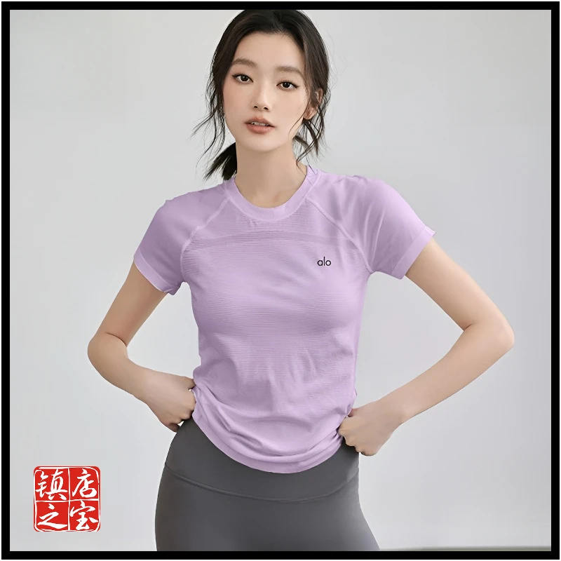 alo瑜伽服新款短袖女夏速干紧身外穿显瘦圆领T恤运动健身上衣