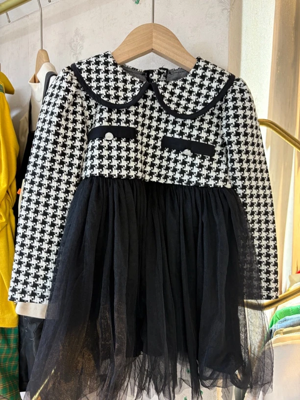 连衣裙春秋女童加厚秋季女秋冬休闲风韩版甜美黑色格子