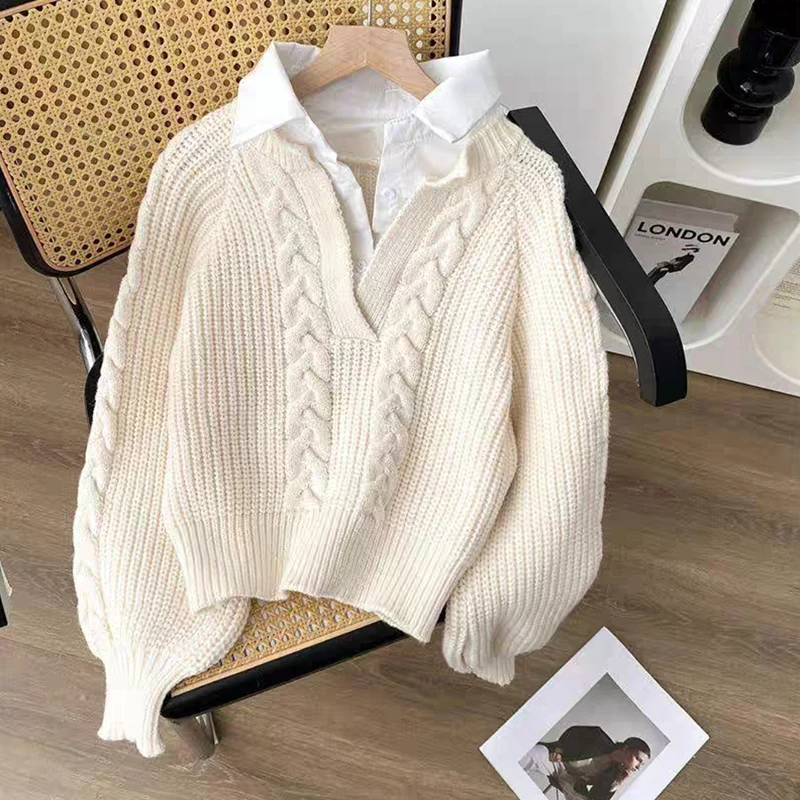 拉夏贝尔假两件衬衫毛衣女2025秋新款小众翻领宽松外穿针织衫上衣