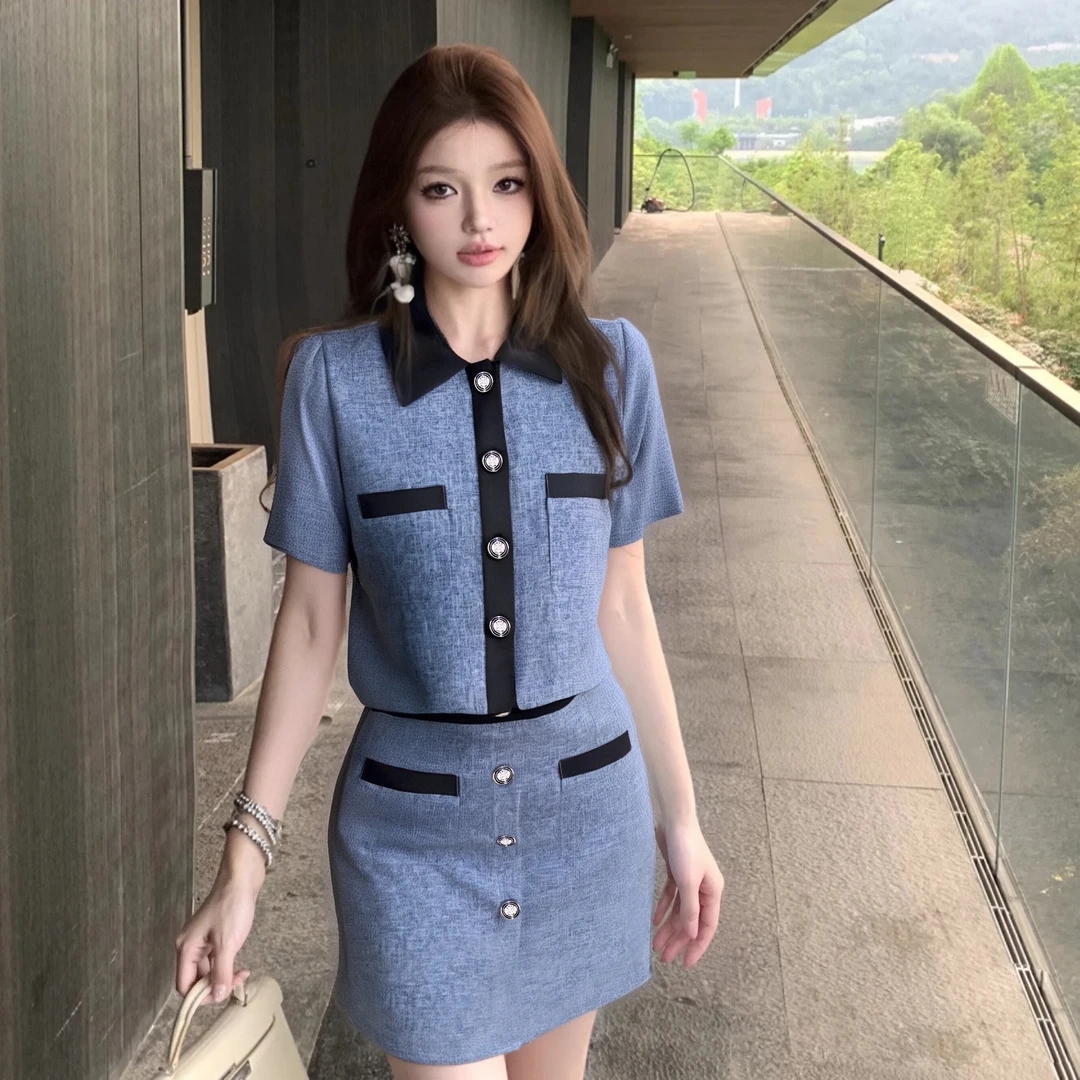 C【两件套】【有里布】高级小香风时尚2025夏拼接上衣半身裙套装D1982