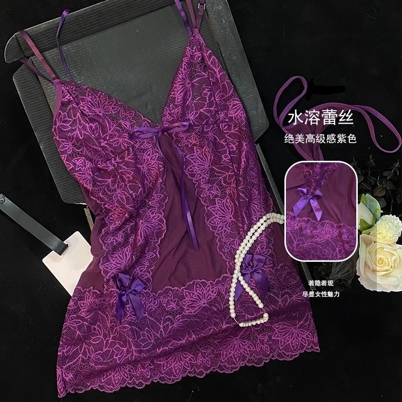 【紫色战袍】新款性感吊带睡裙纯欲蕾丝网纱美背镂空韵味睡衣女薄款
