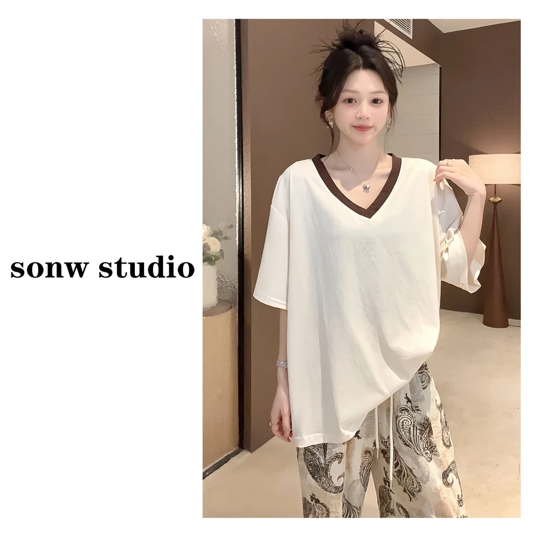 【拼色V领U领】大领口撞色宽松oversize雪花凉感夏季出游短袖T恤女