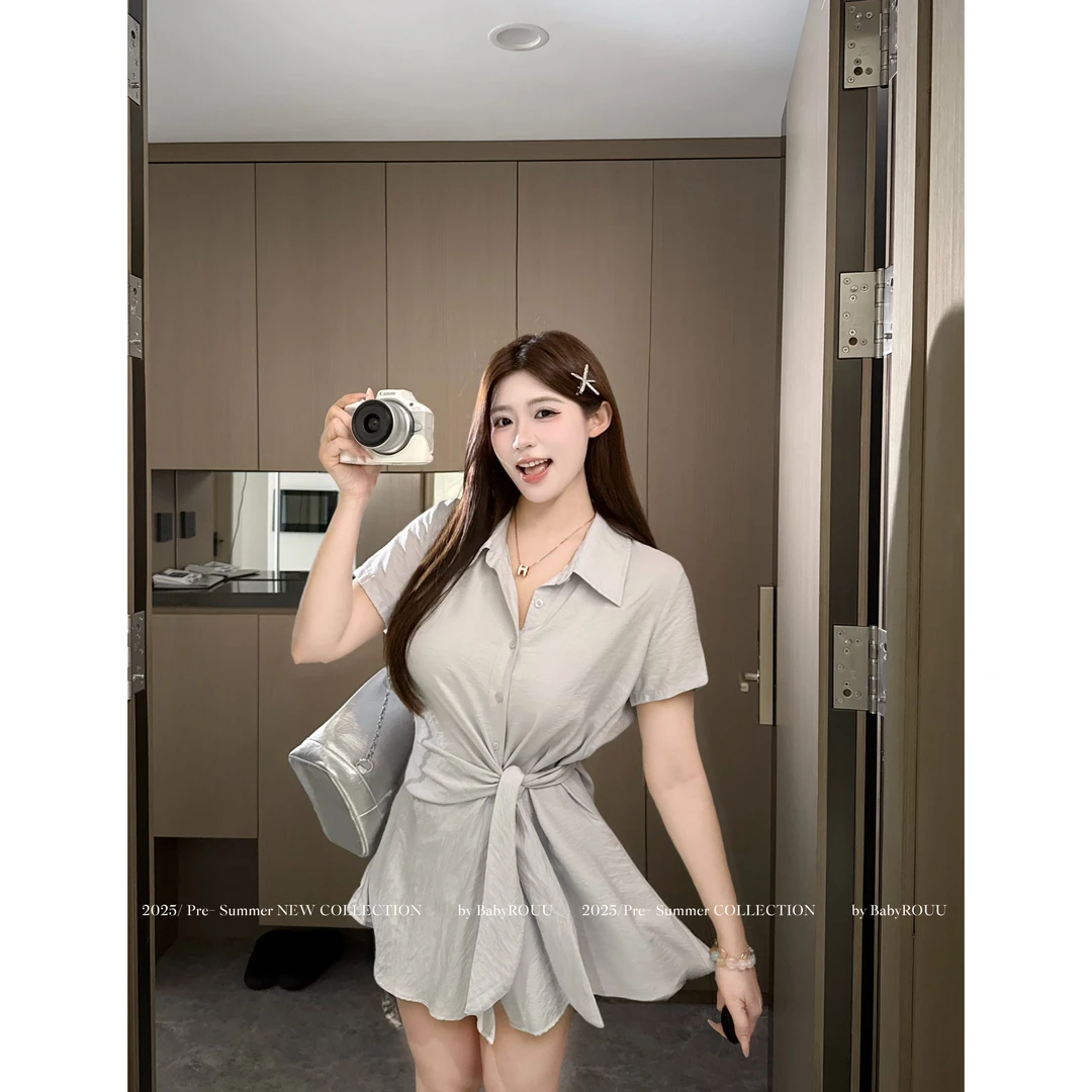 【藤校小韩花】温与柔宽松版不规则系带短袖衬衫短款两件套