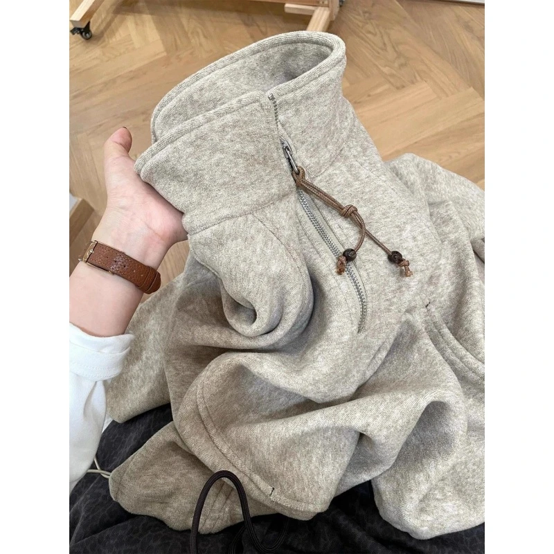 300斤加大码半拉链拼接立领卫衣春秋男女燕麦色慵懒洋气打底上衣