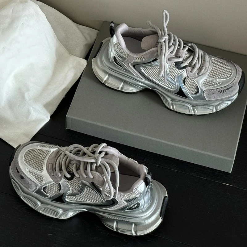 银色老爹鞋女2024夏季新款爆款厚底增高小众休闲鞋6802