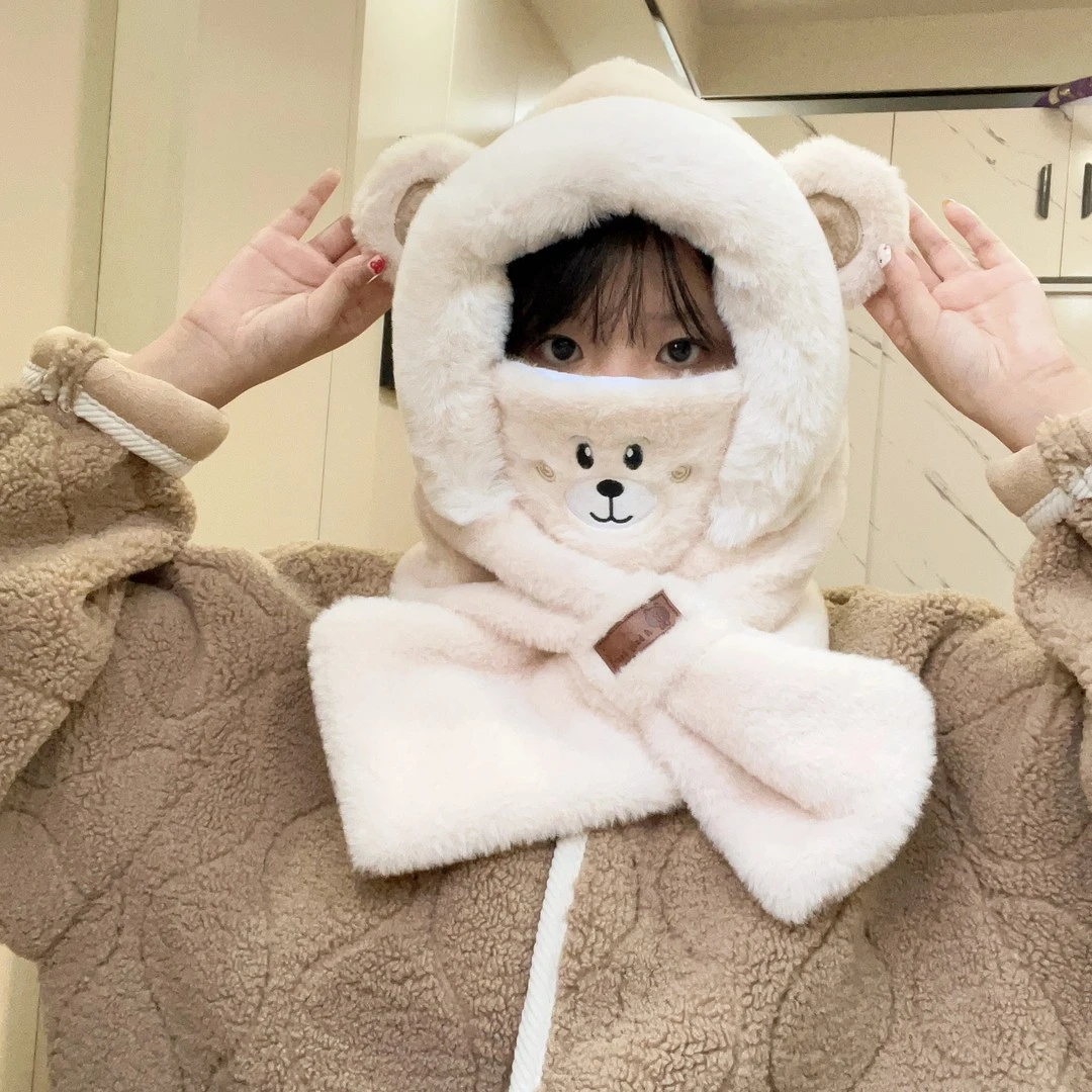 可爱小熊加厚帽子围巾一体保暖女秋冬加绒加厚防寒护耳防风骑行帽