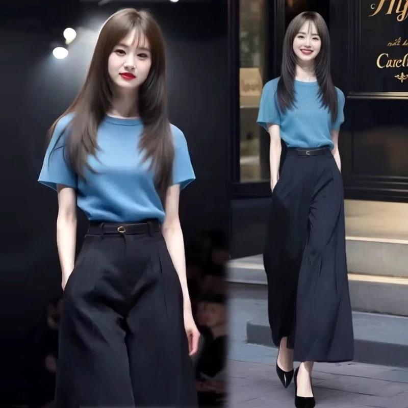 高冷御姐气质套装女2025夏新款时髦洋气短袖T恤高腰阔腿裤两件套