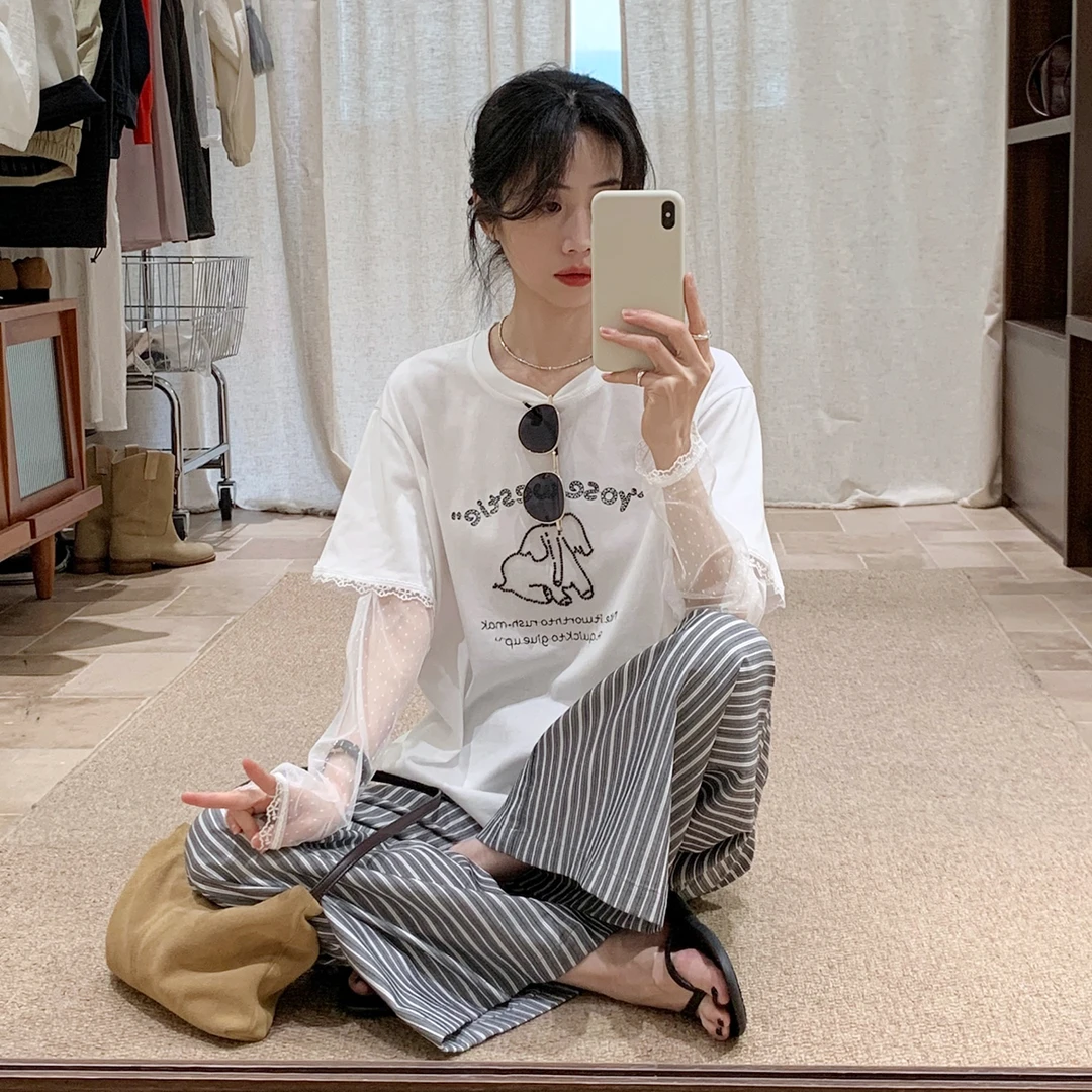 【小象钉珠T恤】女2025夏季新款长袖假两件宽松上衣