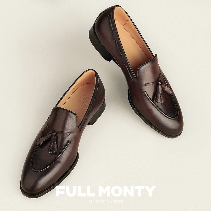 FULL MONTY男士深棕色流苏圆头乐福鞋牛皮商务青年宴会正装皮鞋