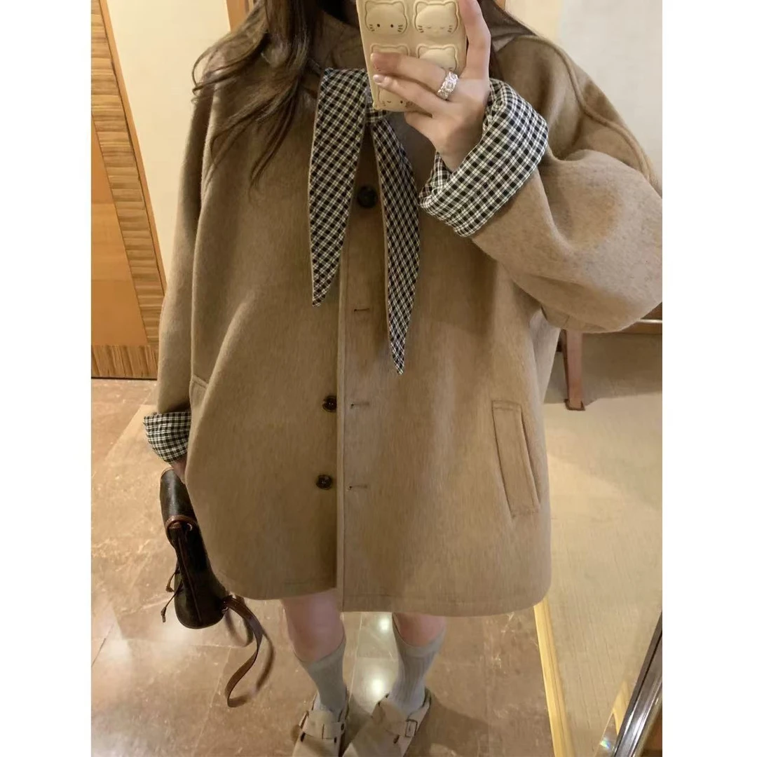 秋冬女外套2025厚款毛呢胖mm大衣格子驼色松弛慵懒职业中长款韩版