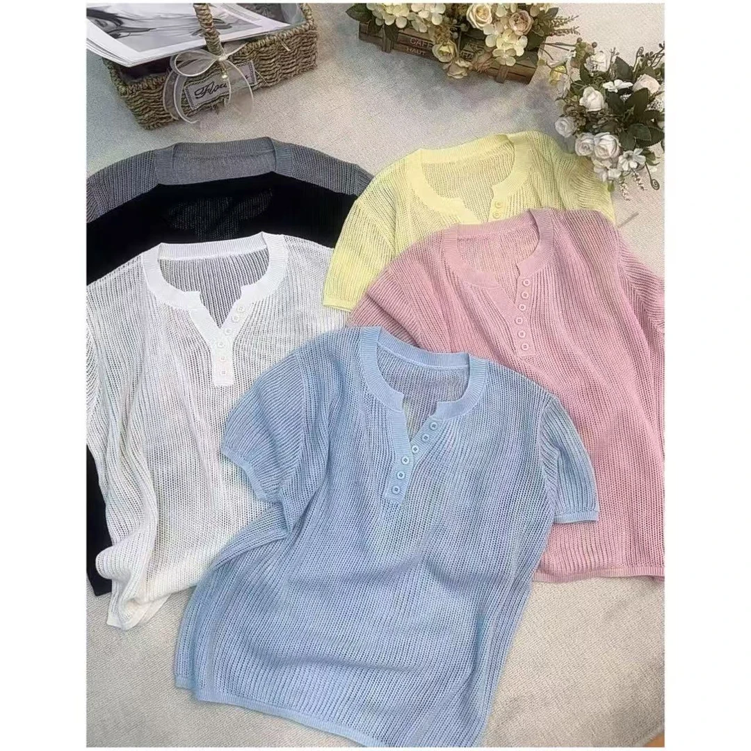 丽丽家~鸡心领黄短袖时尚百搭打底夏季镂空上衣