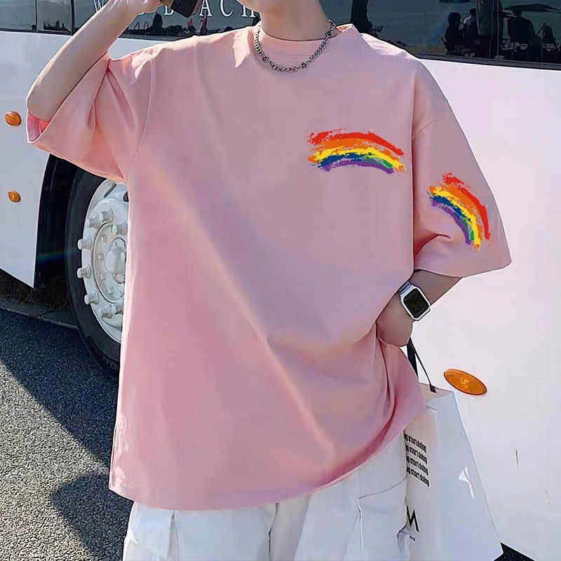 100%纯棉短袖t恤男生宽松大码上衣美式复古潮牌情侣装休闲半截袖