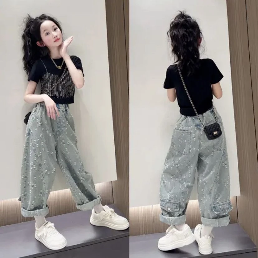 女童牛仔弯刀裤夏季2025新款儿童宽松破洞老爹裤韩版女孩背心T恤