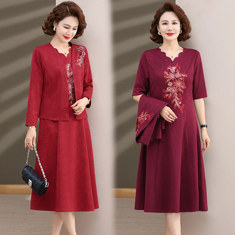 妈妈春秋礼服连衣裙中老年女装喜婆婆婚宴装绣花两件套中长款