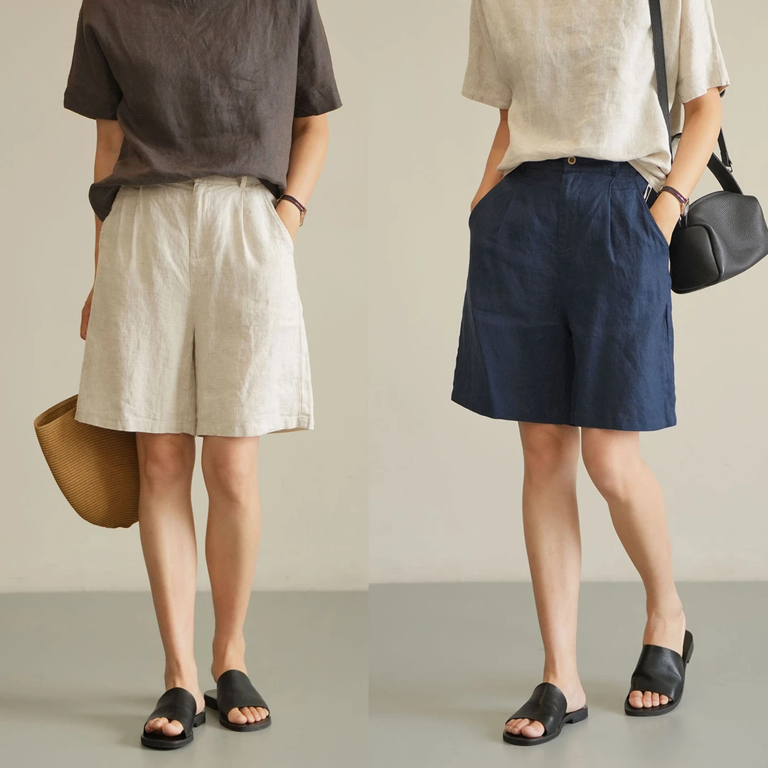 14支全亚麻 女士短裤 通勤直筒四分裤 纯色中裤 夏款 女装 82609