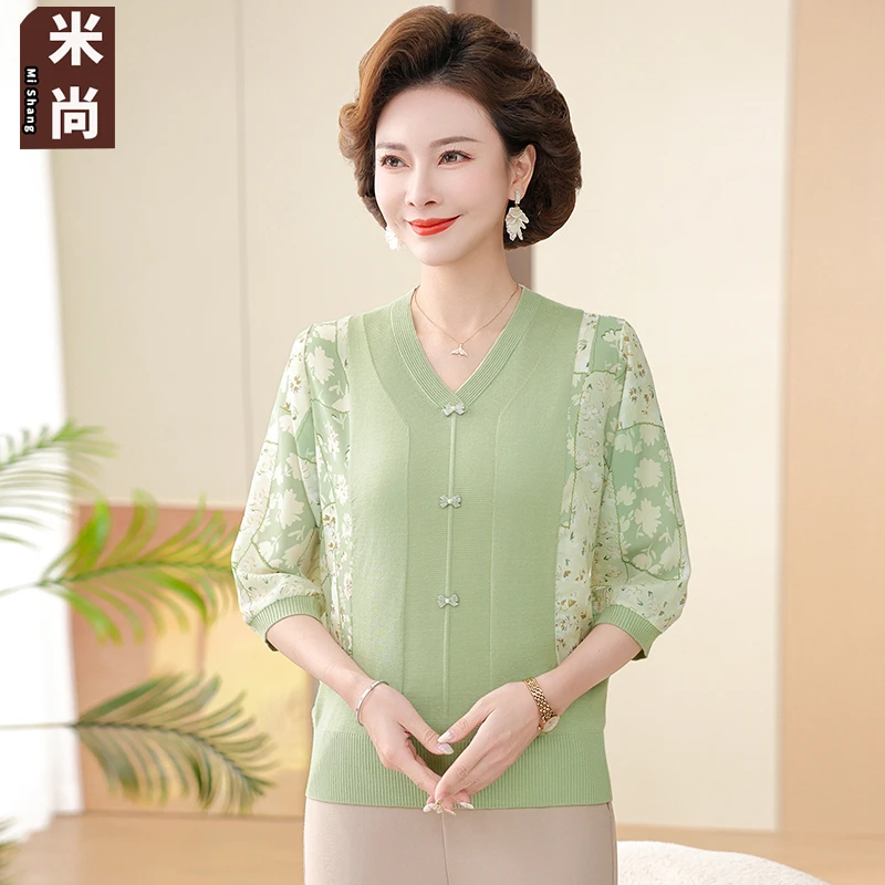 40多岁妈妈春夏七分袖T恤2025新款中年女装春季洋气显瘦拼接上衣