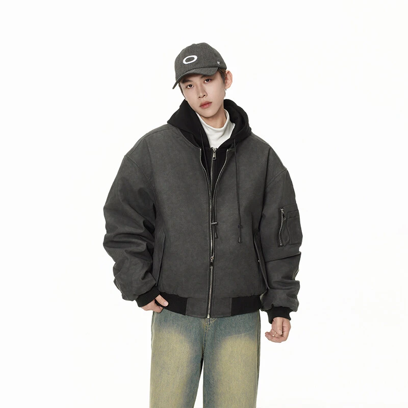 S123美式复古双拉链连帽假两件外套风琴口袋袖子抽皱设计情侣夹克