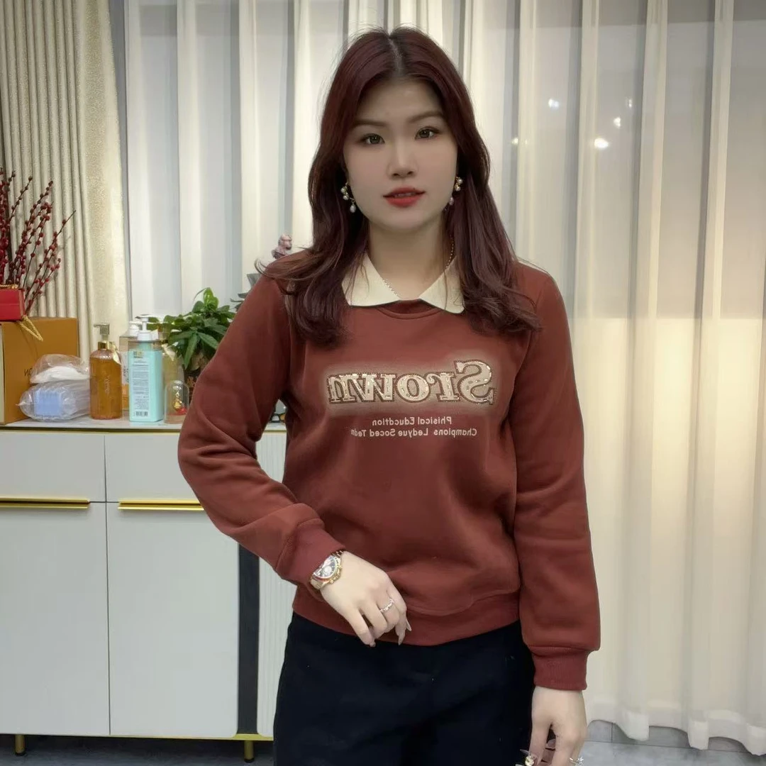 小鑫肝@现货浮力加绒重工翻领拼色英文印花休闲百搭卫衣 8952