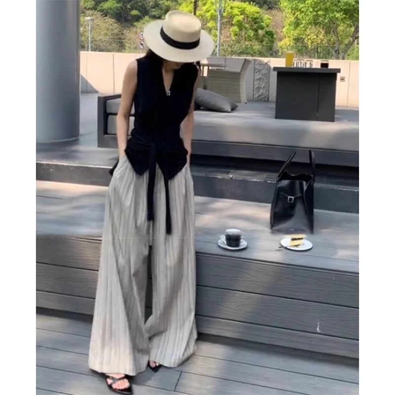 撞色条纹直筒高腰阔腿裤女2025夏季新款宽松显瘦休闲裤拖地长裤子