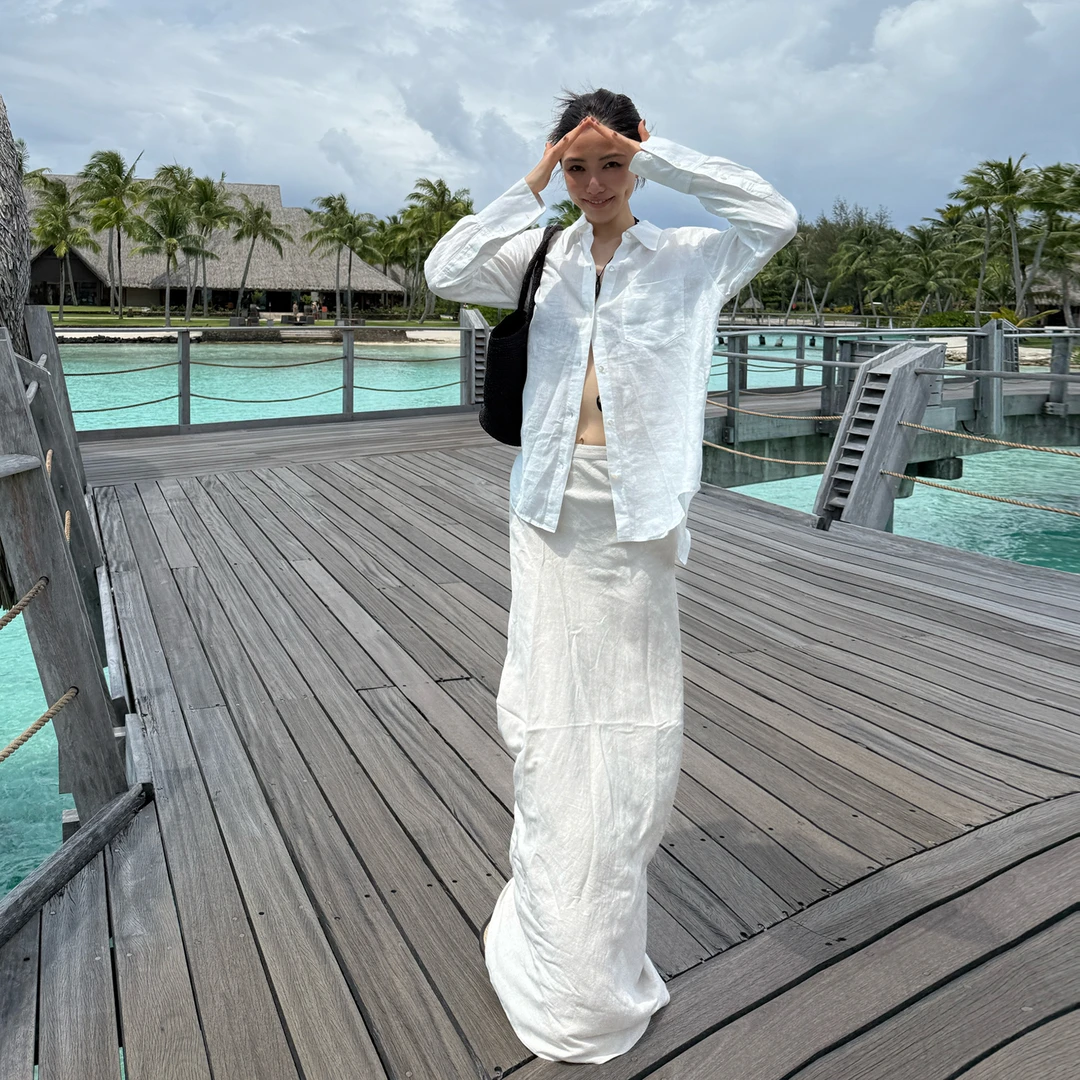 ROMI STUDIO“随性优雅”亚麻混纺立体斜裁高腰鱼尾半裙 RWCSXG1599