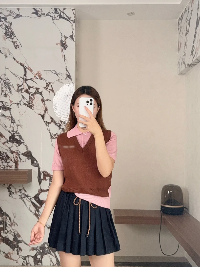 polo纯色针织衫拼接短袖毛针织衫夏季通勤可爱风