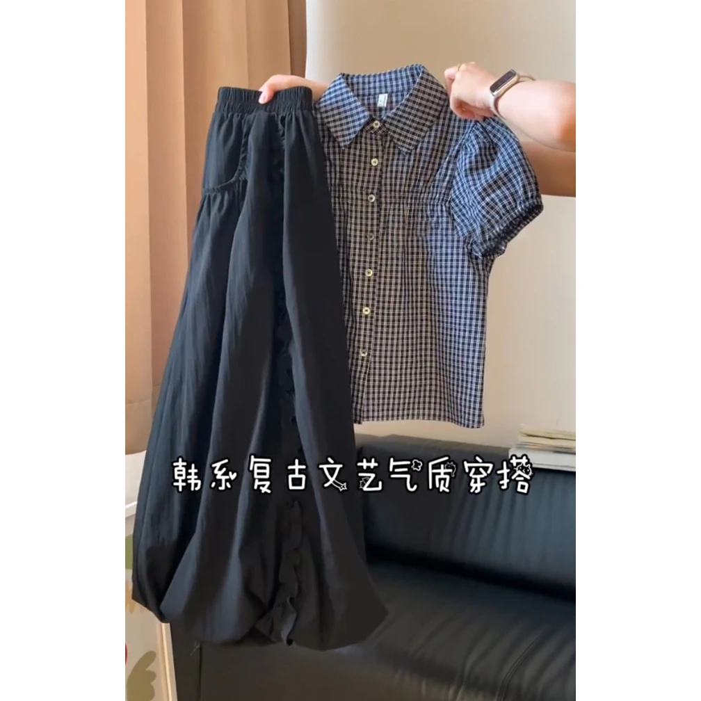 复古格纹polo领娃娃衫女夏短袖衬衫花苞半身裙黑色长裙学院风套装