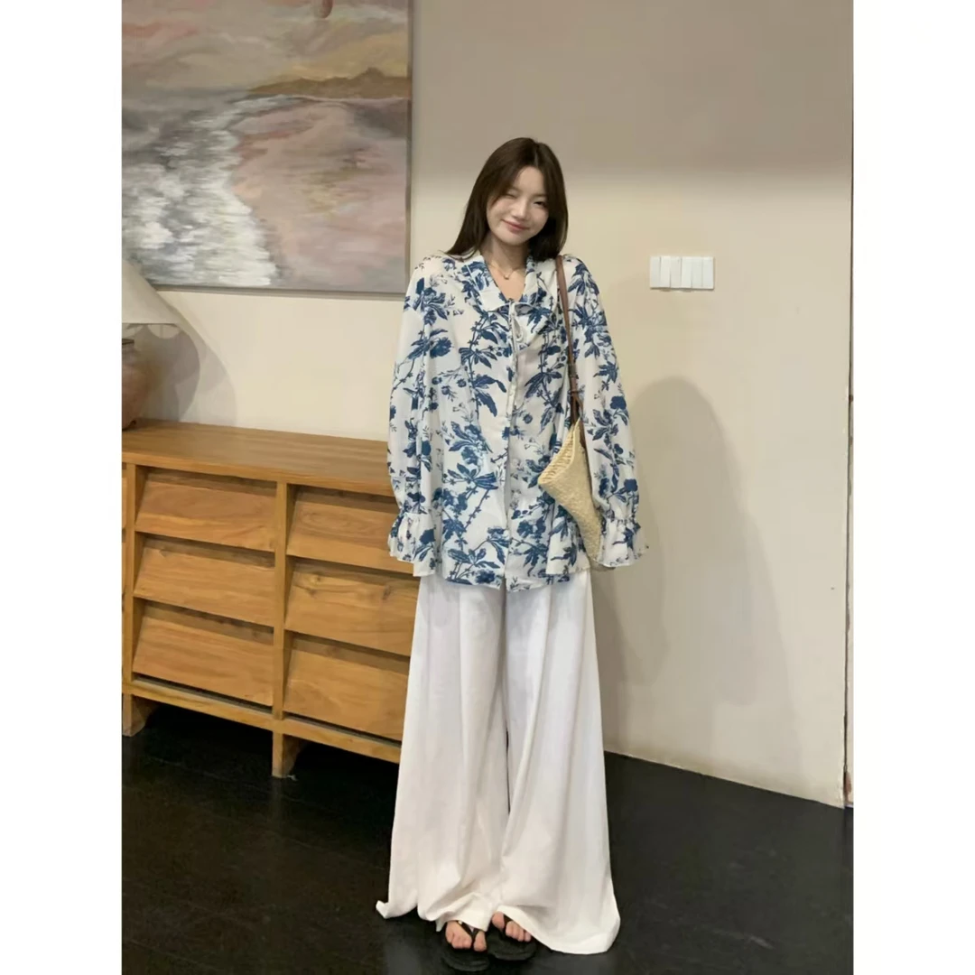 【青花瓷】新中式穿搭百搭女夏季宽松显瘦裤子~高级感衬衣Y3008