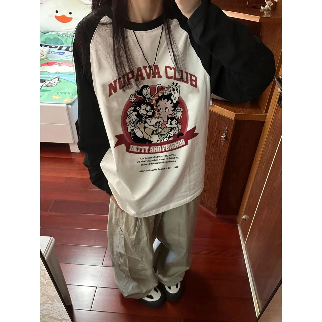 胖mm2-300斤卡通潮牌春秋款纯棉长袖T恤女拼色宽松大码打底衫上衣