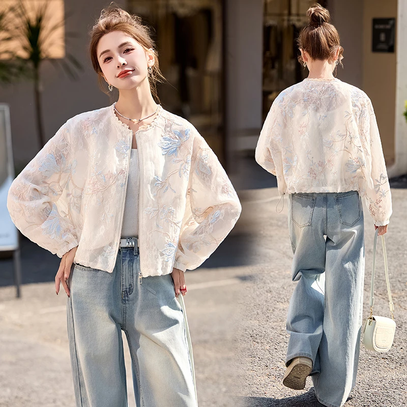 新中式国风外套女2025春夏新款休闲白色短款轻薄刺绣棒球服衣