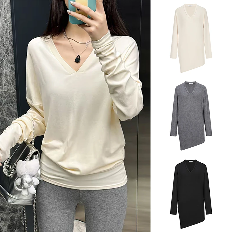 Moses Queen/魔西女王象牙白v领宽松长袖T恤女早秋中长款休闲上衣