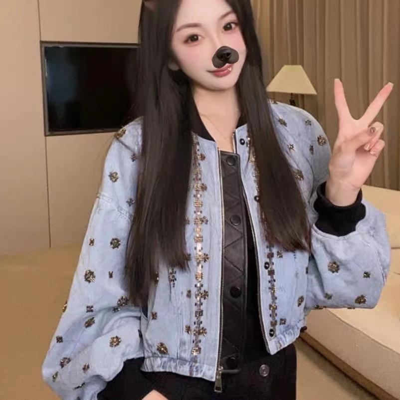 牛仔新款钉珠长袖女短外套秋季洋气绵羊皮外套宽松muji风时尚