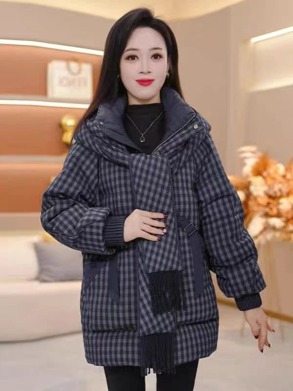 【羽绒服】金纺冬季连帽格纹气质保暖时尚加厚羽绒服新款宽松外套